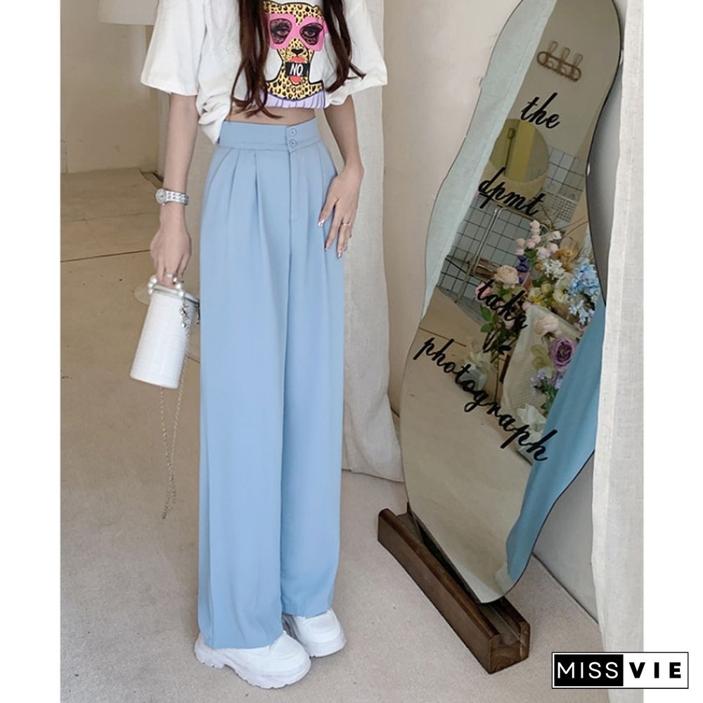 New Two-button Elastic Waist Suit Wide Leg Pants Women High Waist Loose Casual Trouser Female Fashion Baggies Bottom
