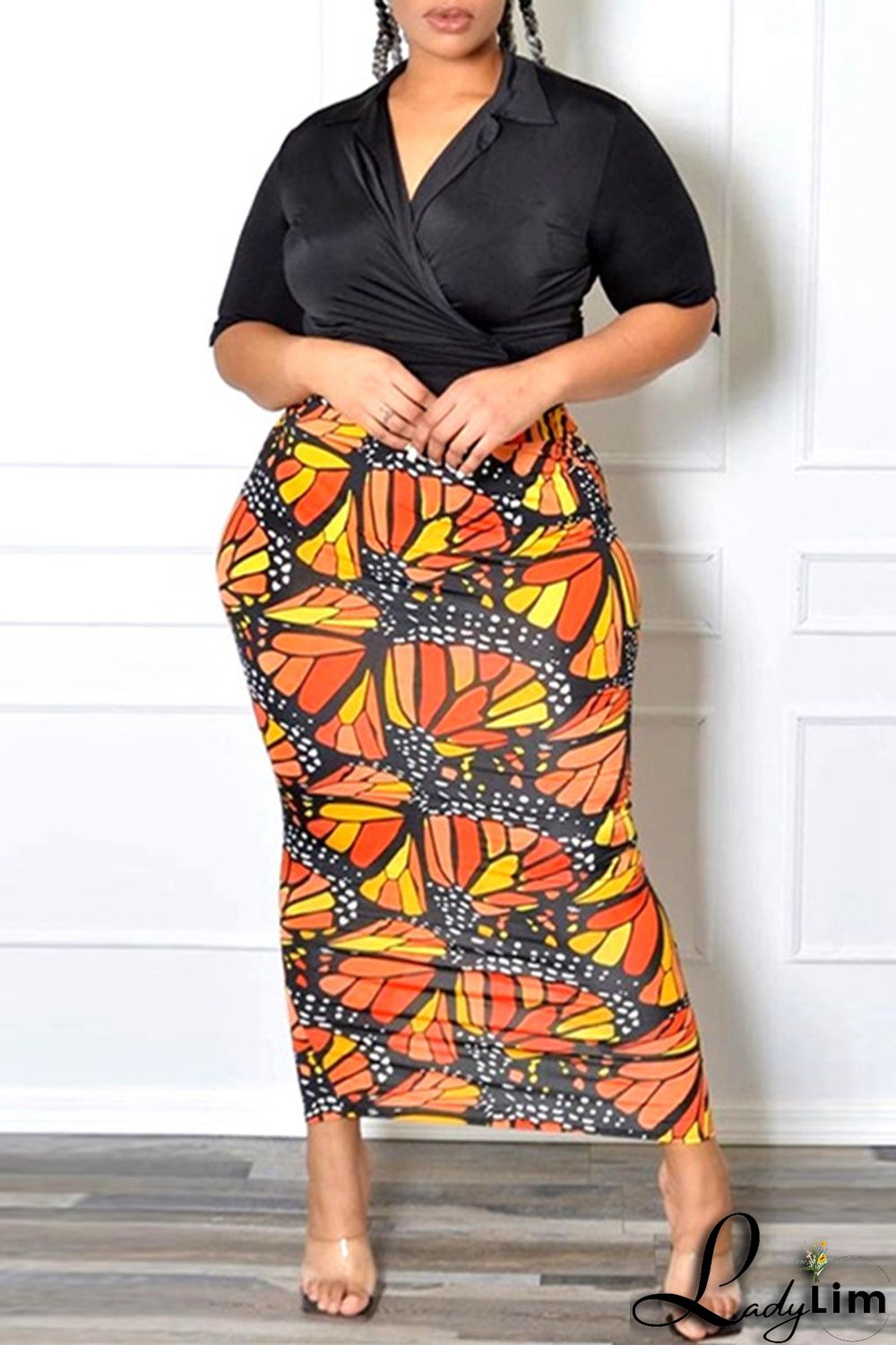 Orange Fashion Casual Print Slit Plus Size Skirt