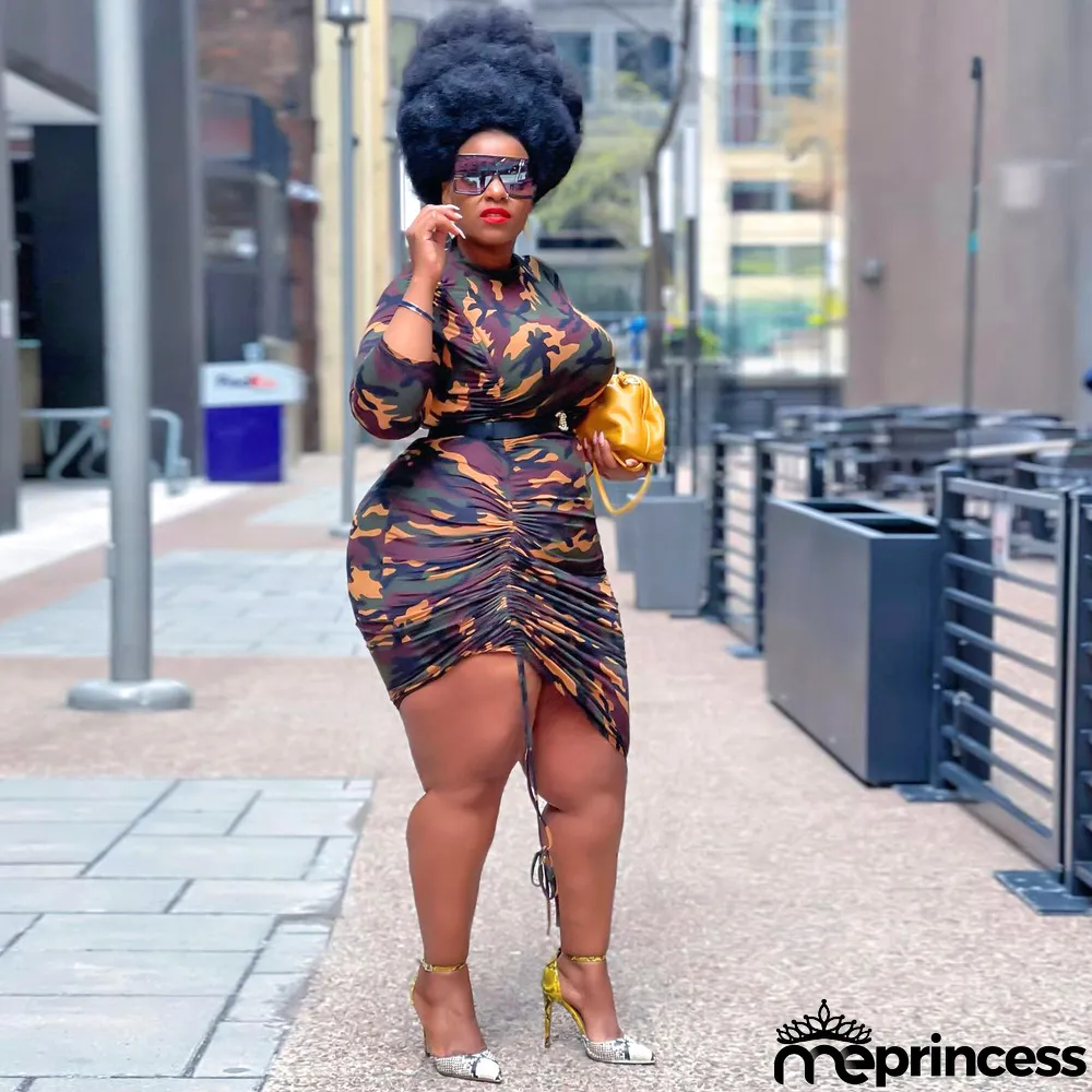 Plus Size Camo Print Drawstring Ruched Midi Dress