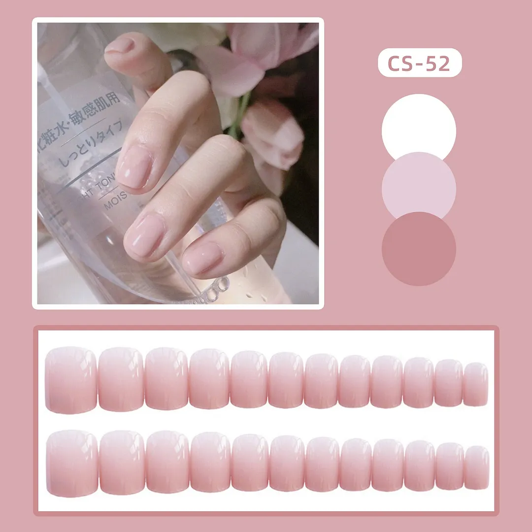 Girls Candy Pink Color False Nails Women Nature Nude Jelly Fake Nail Short Round Head Full Cover Nail Art Tips With Glue 24pcs-Nail Inspo