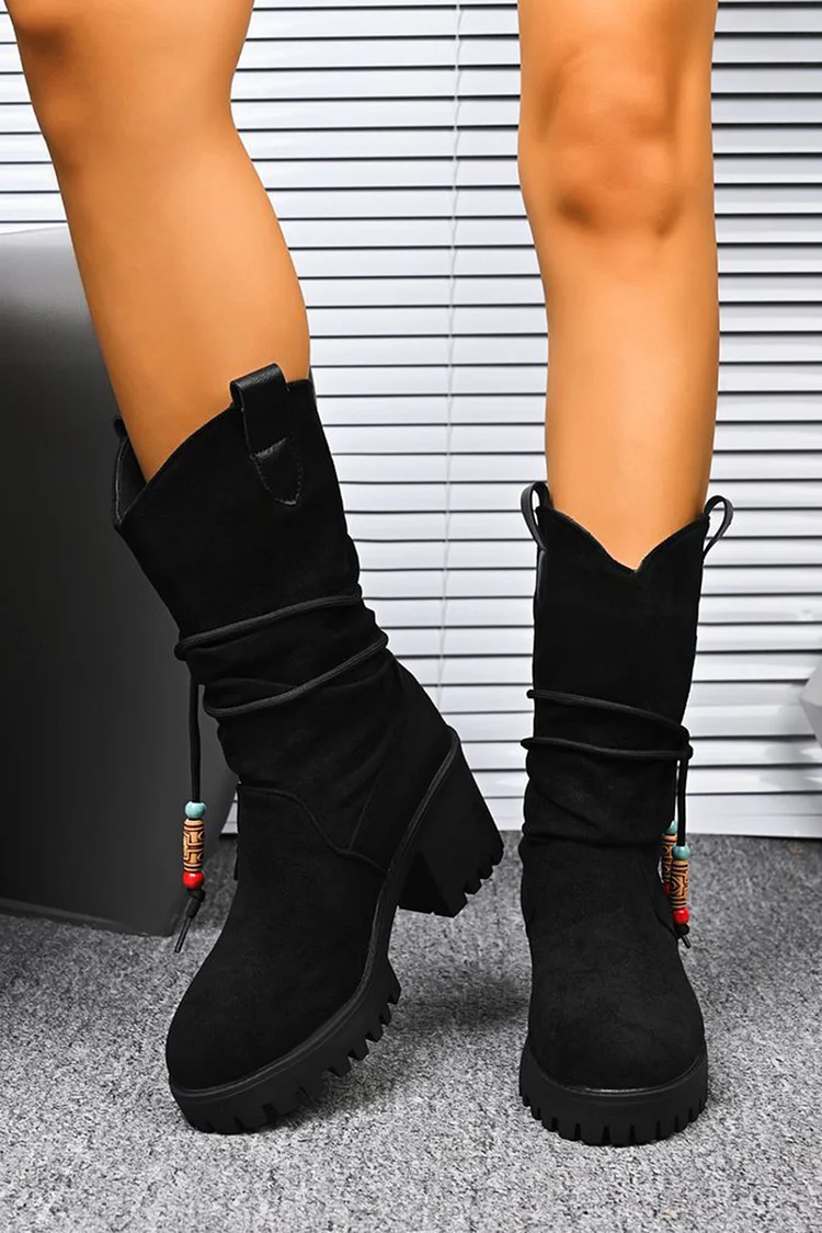 Retro Ethnic Style Round Toe V-Cut Suede Fashion Boots 2024 - Xpluswear