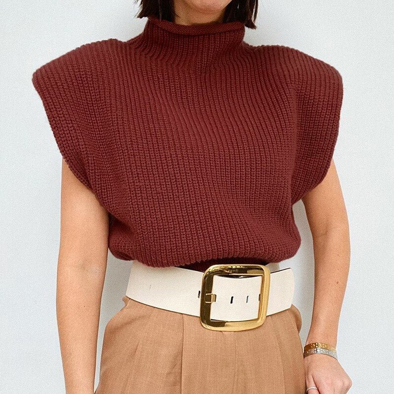 2021 Sweater Women Turtleneck Sleeveless Vest With Shoulder Pads Knitted Pullover Autumn Winter Jumper Casual Tops Fashion