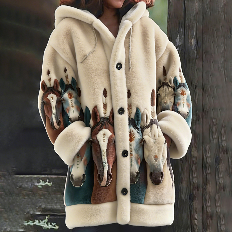 Women's Retro Western Style Pony Graphic Flannel Hoodie Cardigan wearshes