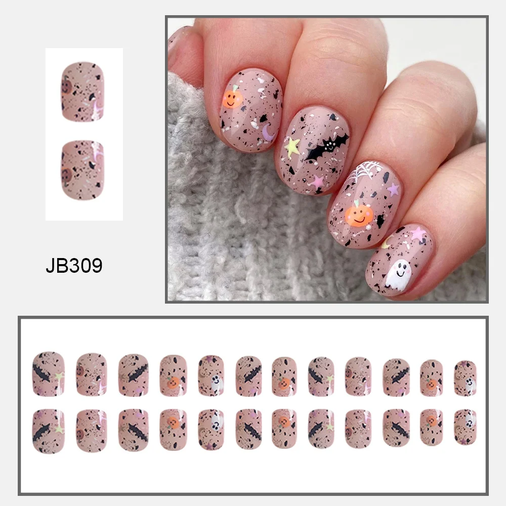Churchf Churchf Short Square Nail Cute Little Ghost Pumpkin Bat Spider Web Fake Nails Finished Wearing A Holiday Nail