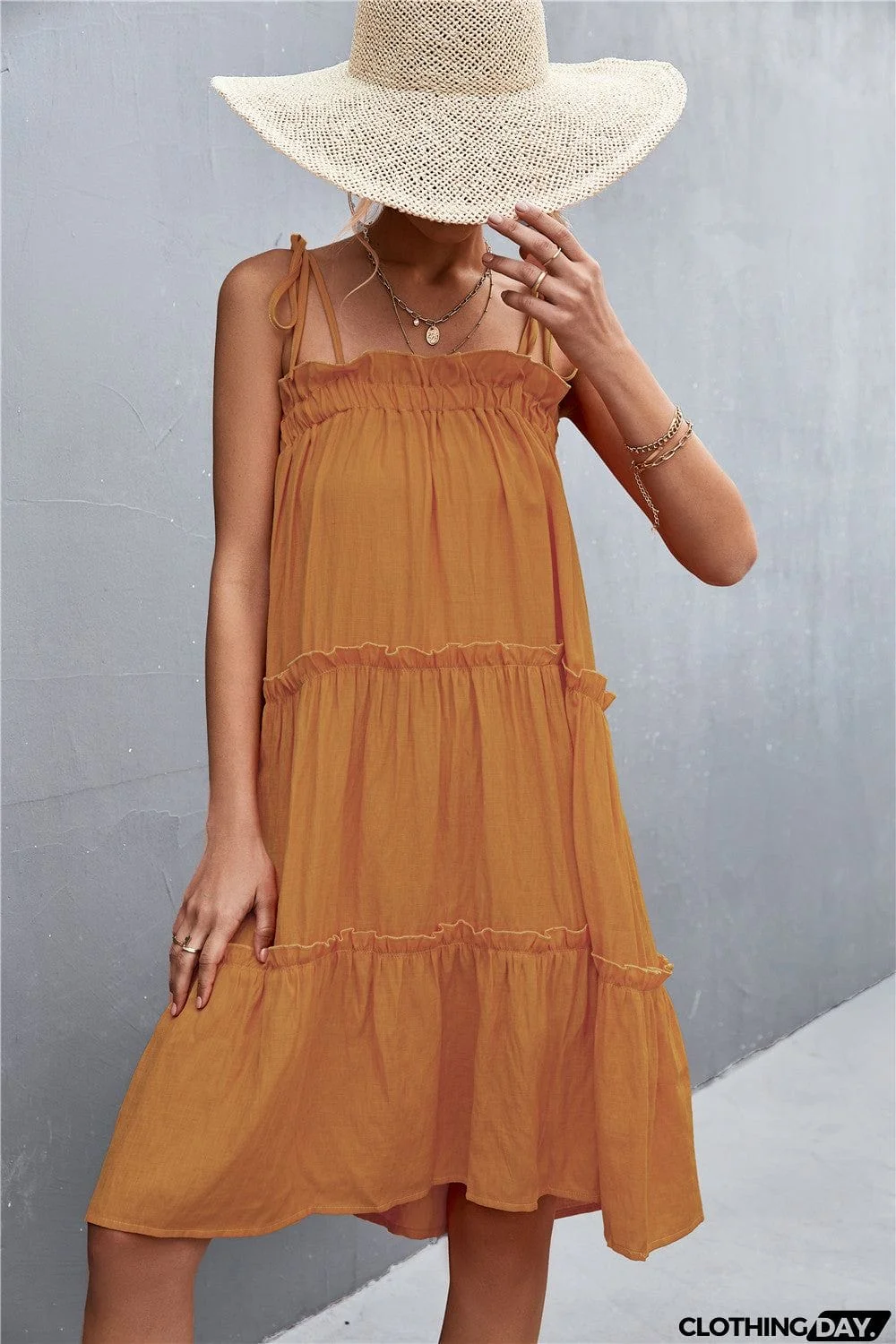 Tie-Shoulder Frill Trim Sleeveless Dress