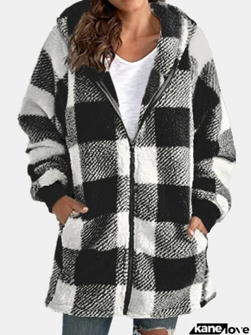 Plaid Zip Up Hooded Jacket with Pockets