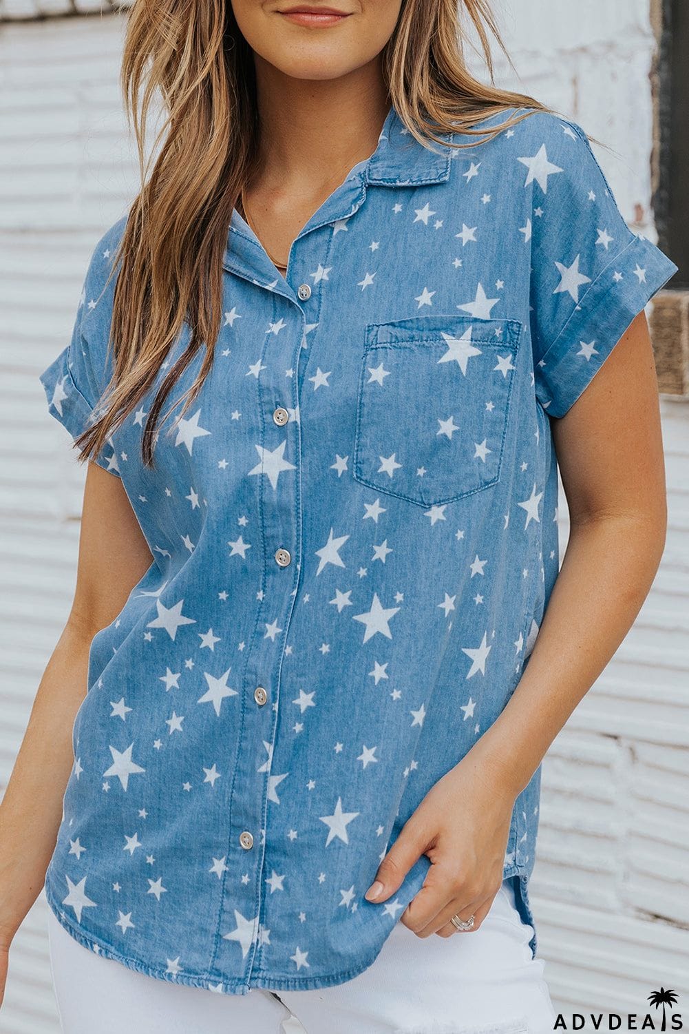Star Print Chambray Short Sleeve Shirt