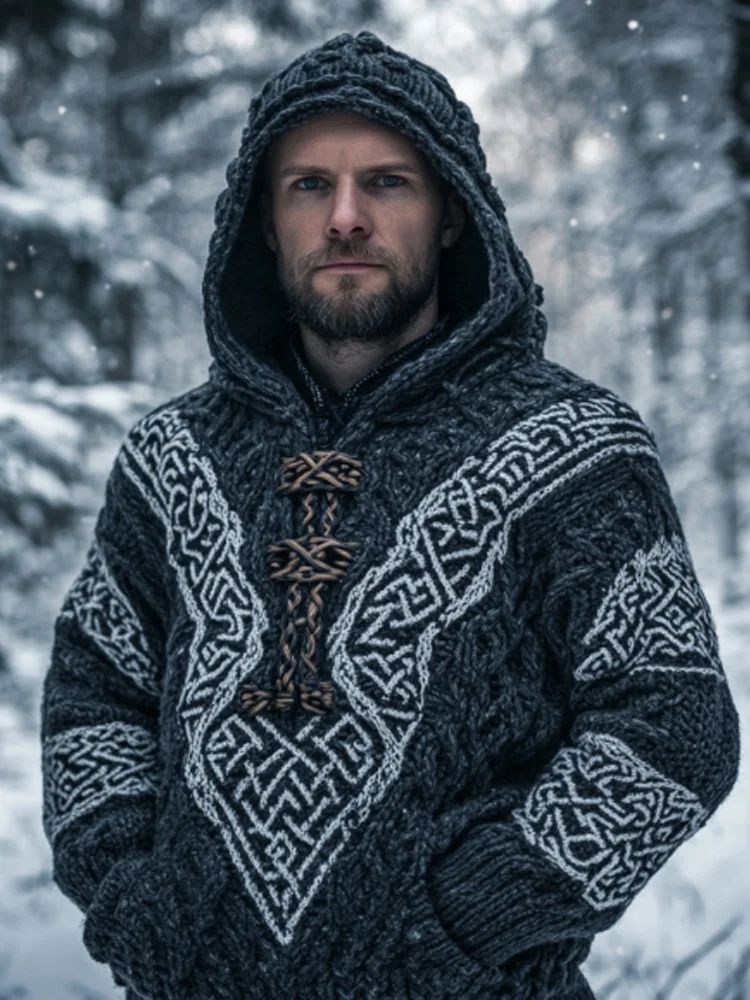 Men's Vintage Viking Inspired Celtic Jacquard Hooded Sweater