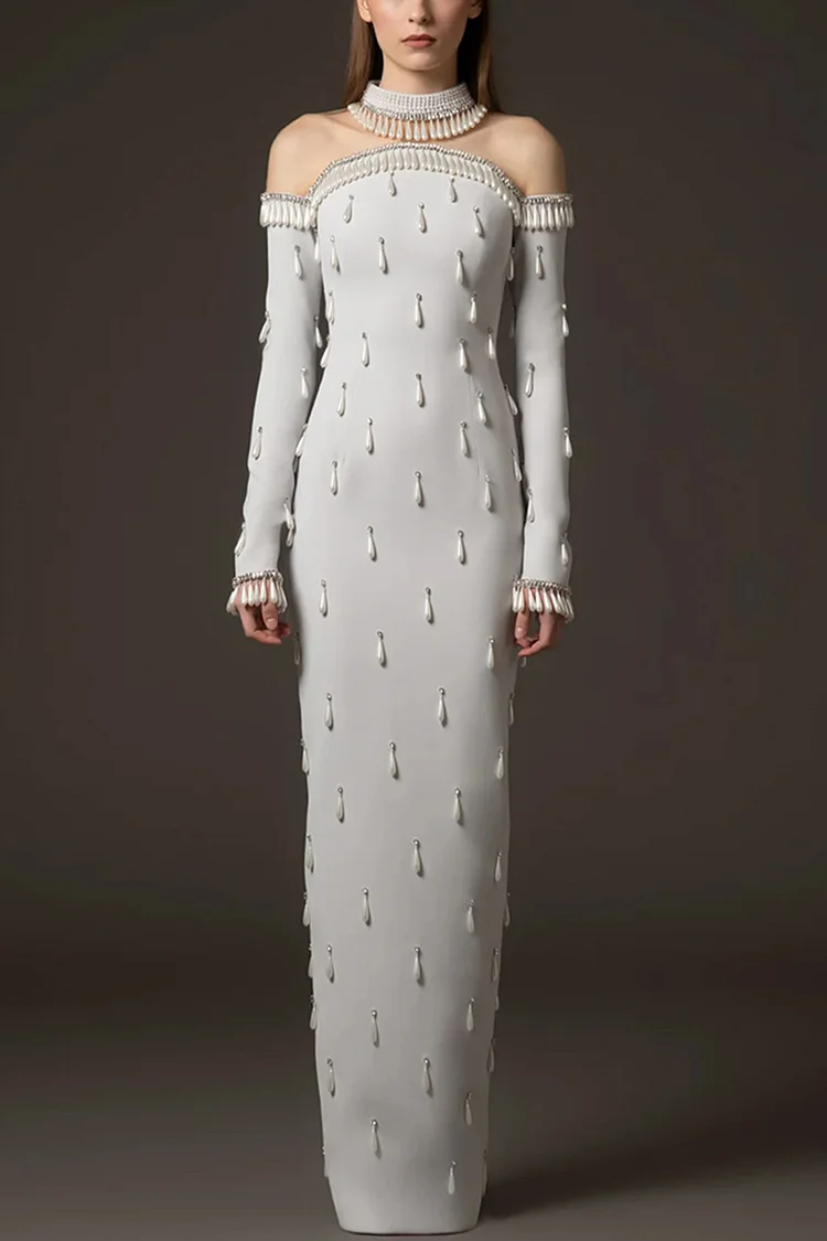 Rhinestone Teardrop Beaded Mesh Maxi Dress-White