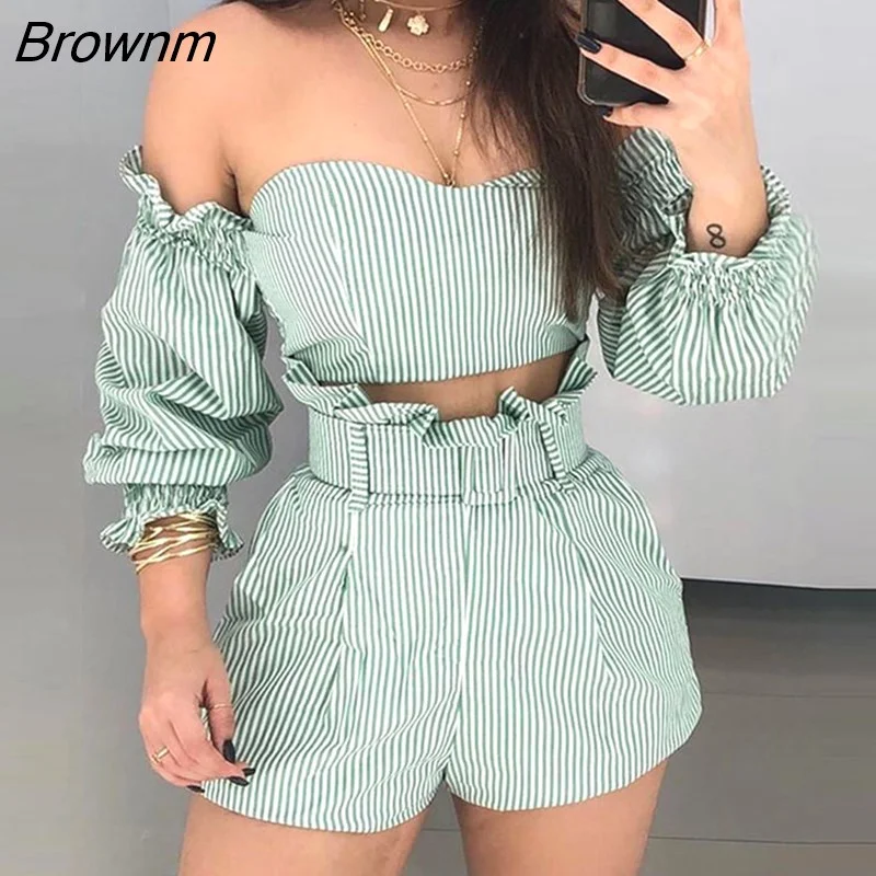 Brownm Women Two Piece Striped Suits Long Sleeve Off Shoulder Crop Top and Belted Shorts Set