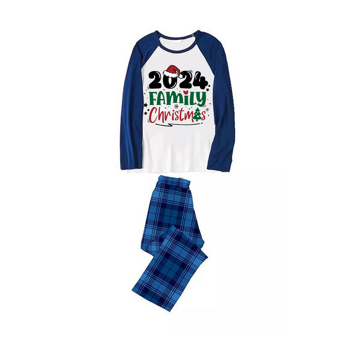 Cute "Family Christmas 2024" Text Print Blue & Black Plaid Christmas Family Matching Pajamas