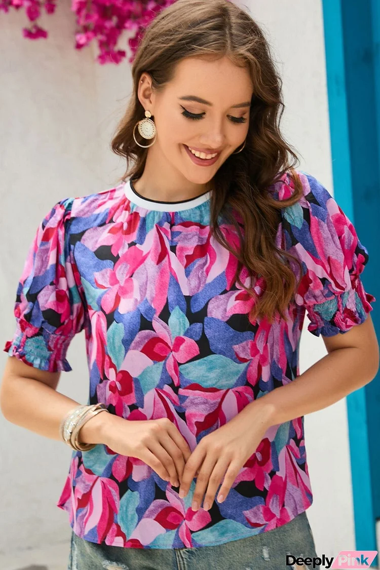 Floral Round Neck Puff Sleeve Top