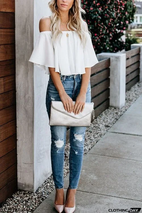 Off Shoulder Ruffles Casual Blouse Top