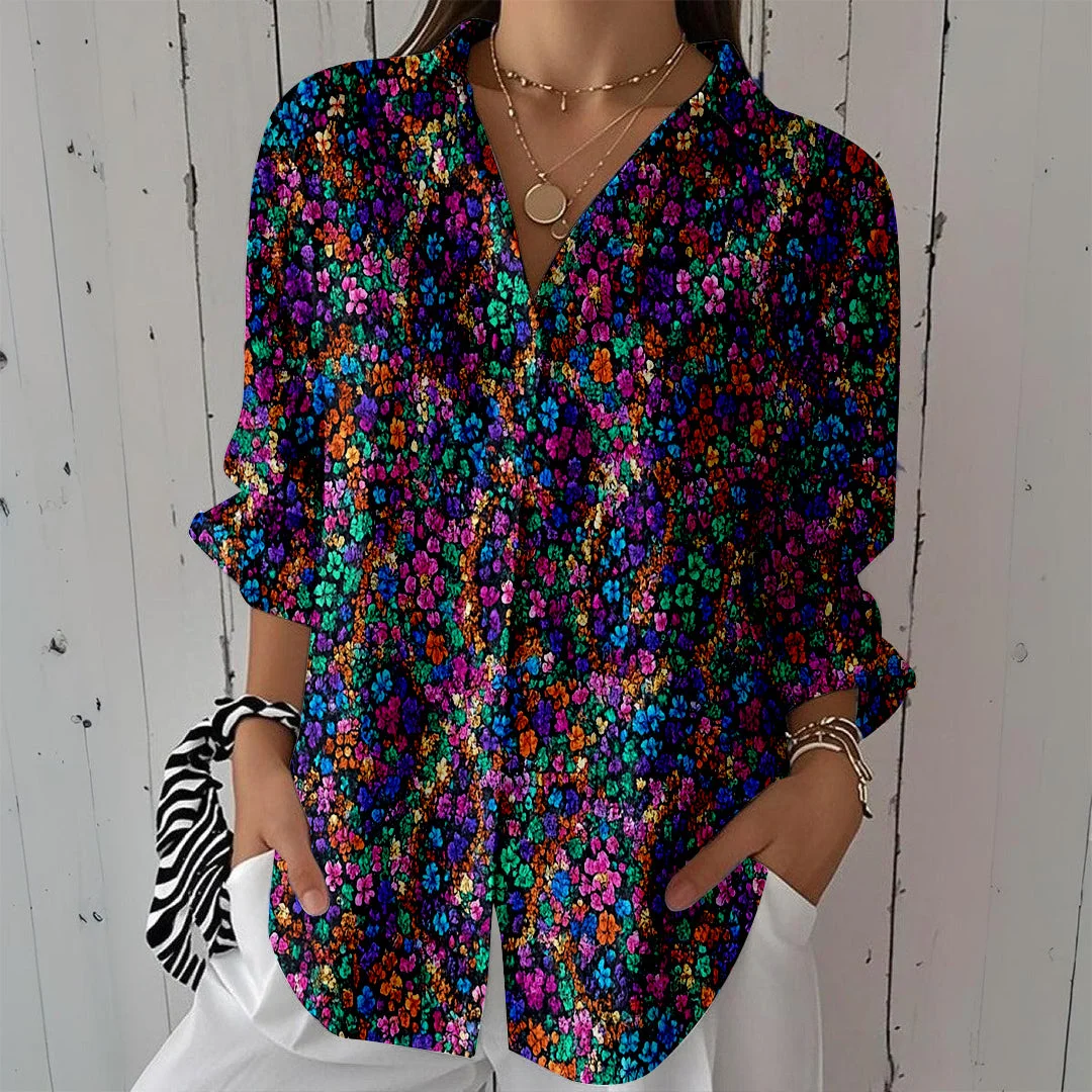 Style & Comfort for Mature Women Women Colorful, Splashed DZCL0491 3/4 Sleeve Shirt Collar Printed Button Tops