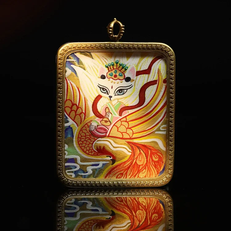 Thangka Buddha Hand-Painted Love and Prosperity Fox Fairy Thangka Pendant
