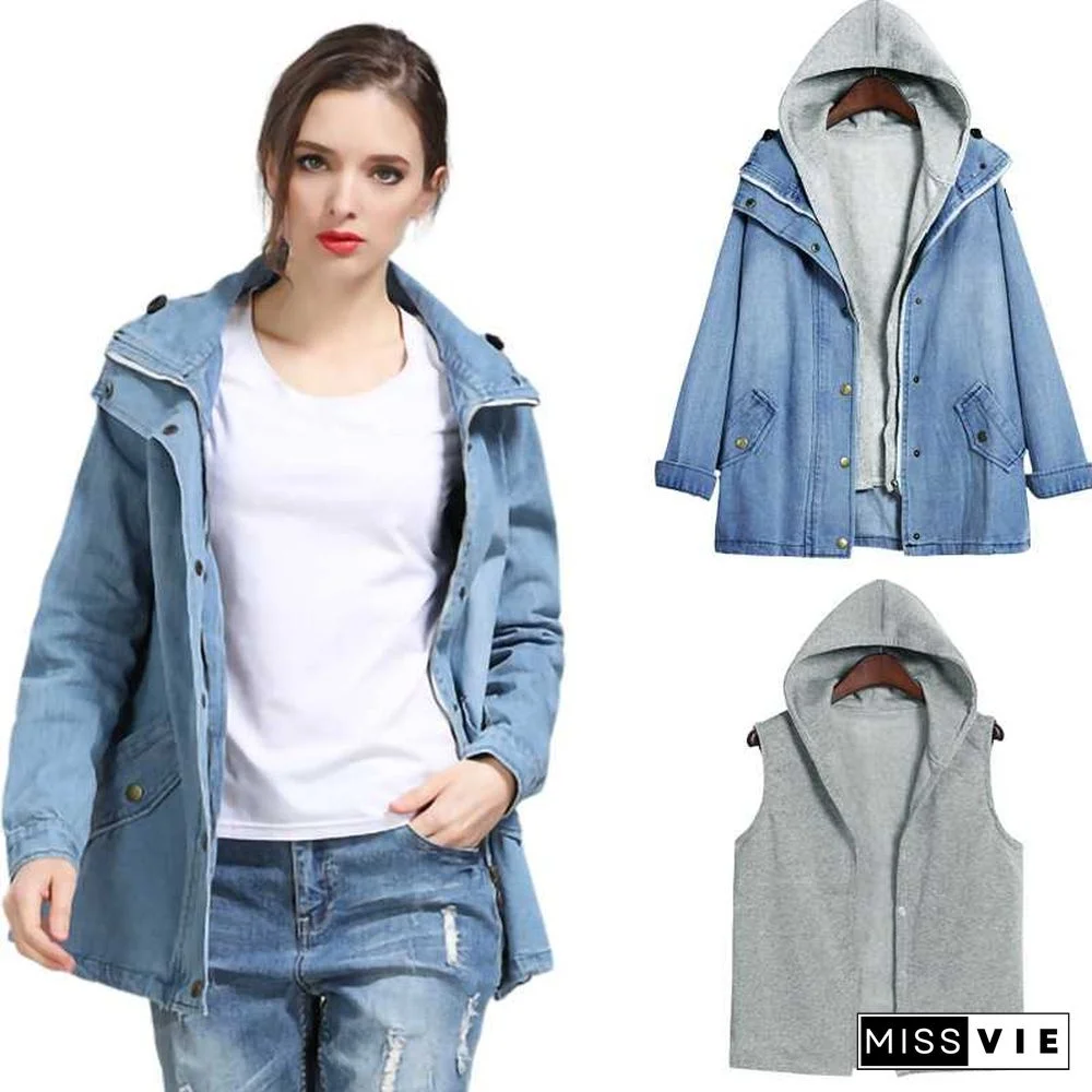 Casual Hooded Vest Two Piece Trench Button Up Denim Windbreaker