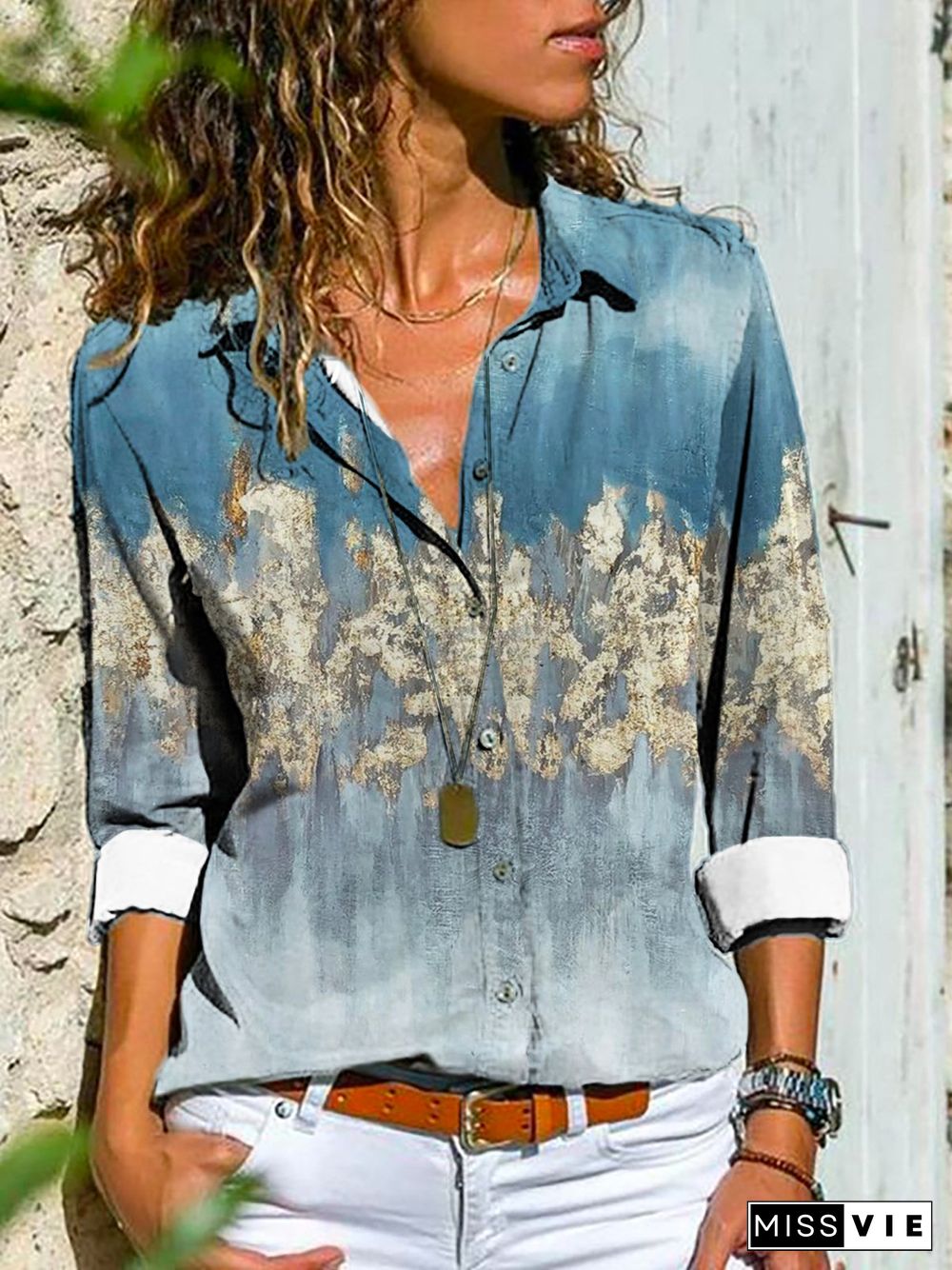 Ethnic Shirt Collar Blouse
