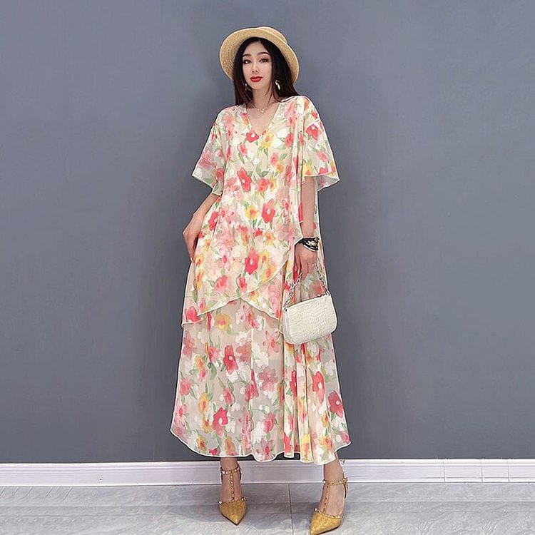 Boho V-Neck Floral Printed Irregular Patchwork Half Sleeve Dress      