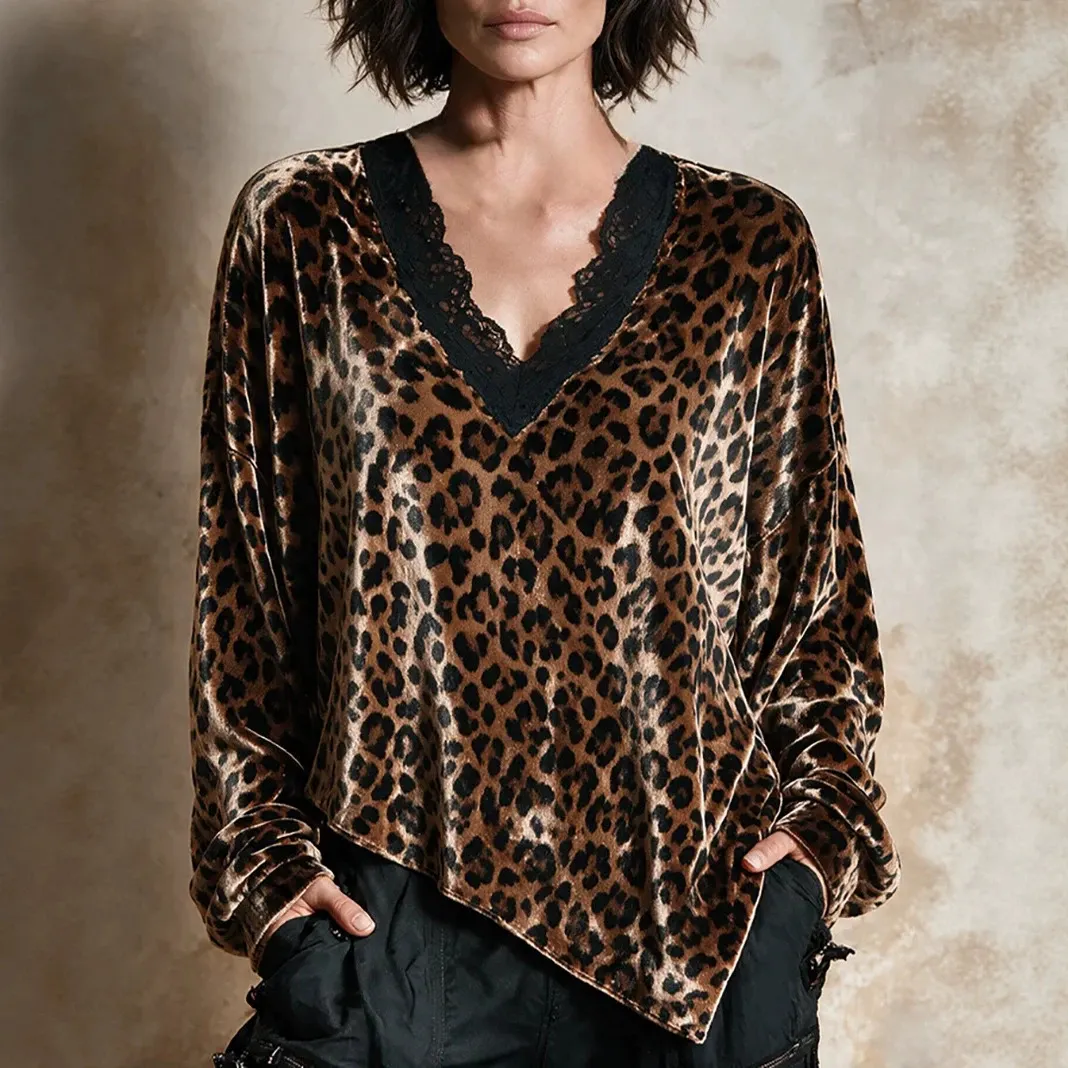 Women Lace V Neck Long Sleeve Irregular Hem Shirt
