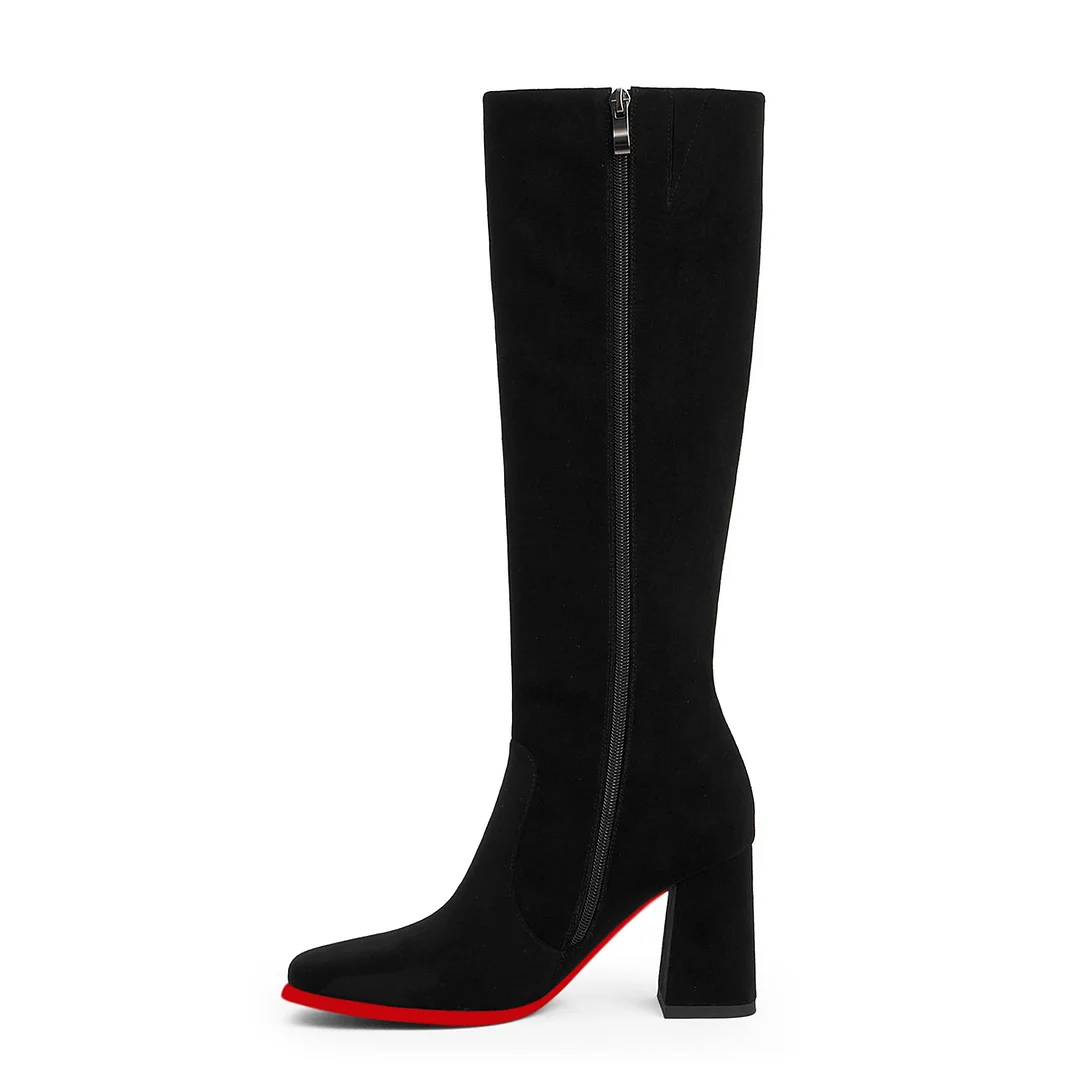 95mm Women's Knee Boots Red Bottom Block Chunky Heels Zipper Fashion Sexy Daily Matte Boot-MERUMOTE
