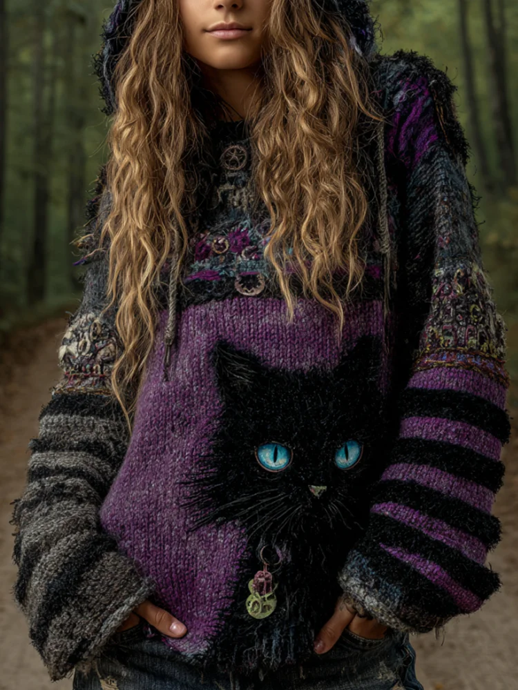 Women's Halloween Cat Embroidery Patchwork Vintage Hooded Sweater