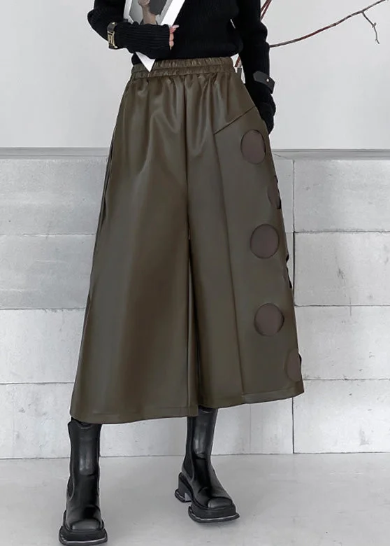 Italian Coffee Elastic Waist Faux Leather Straight Crop Pants Spring