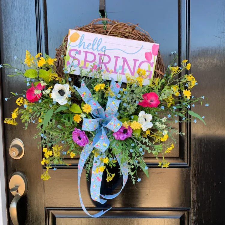 🍀Hello Spring Wreath With Flowers for Front Door on Grapevine