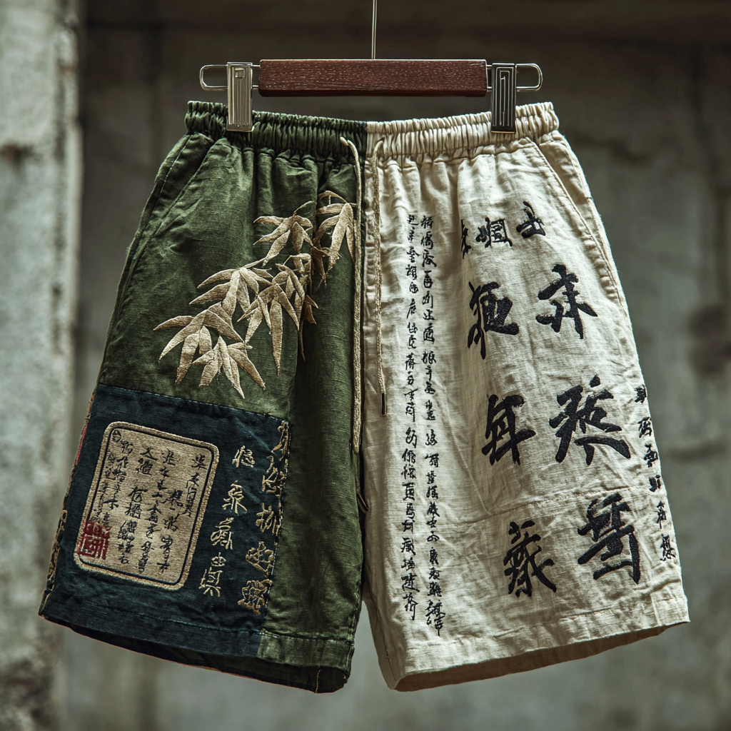 Men's Retro Calligraphy Bamboo Art Print Color Block Shorts elevenforest