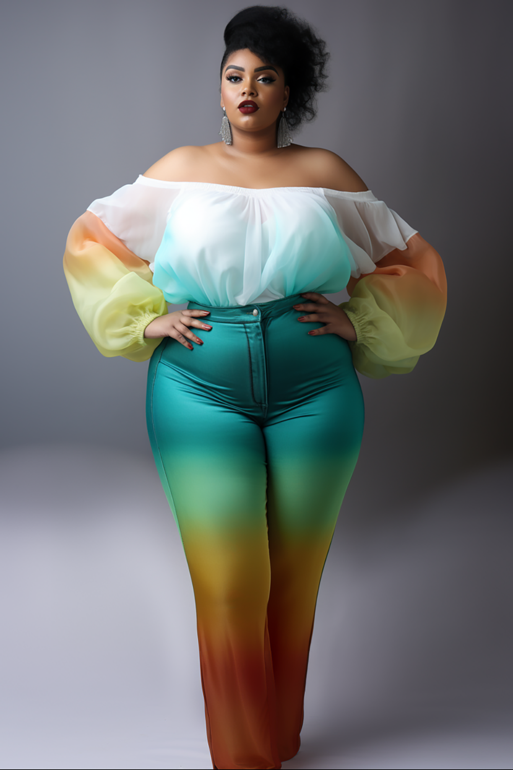 Design Plus Size Semi Formal Multicolor Gradient Off The Shoulder Lantern Sleeve Long Sleeve Organza Blouses [Pre-Order]