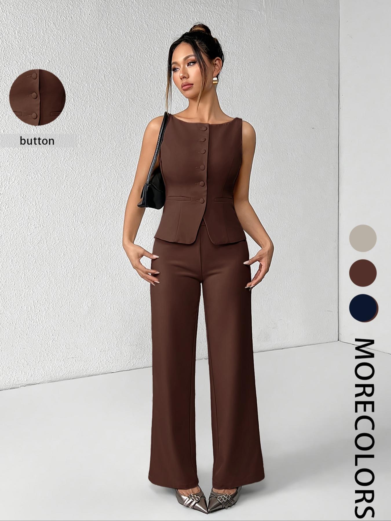Women's Solid Button Front Sleeveless Tank Top & Wide Leg Pants Set, Casual Elegant Chic Minimalist Fashion Two-piece Set for Summer, Women's Clothing for Daily Wear, Suits, Office Siren Outfits, Casual Matching Set, Corporate Outfits Women