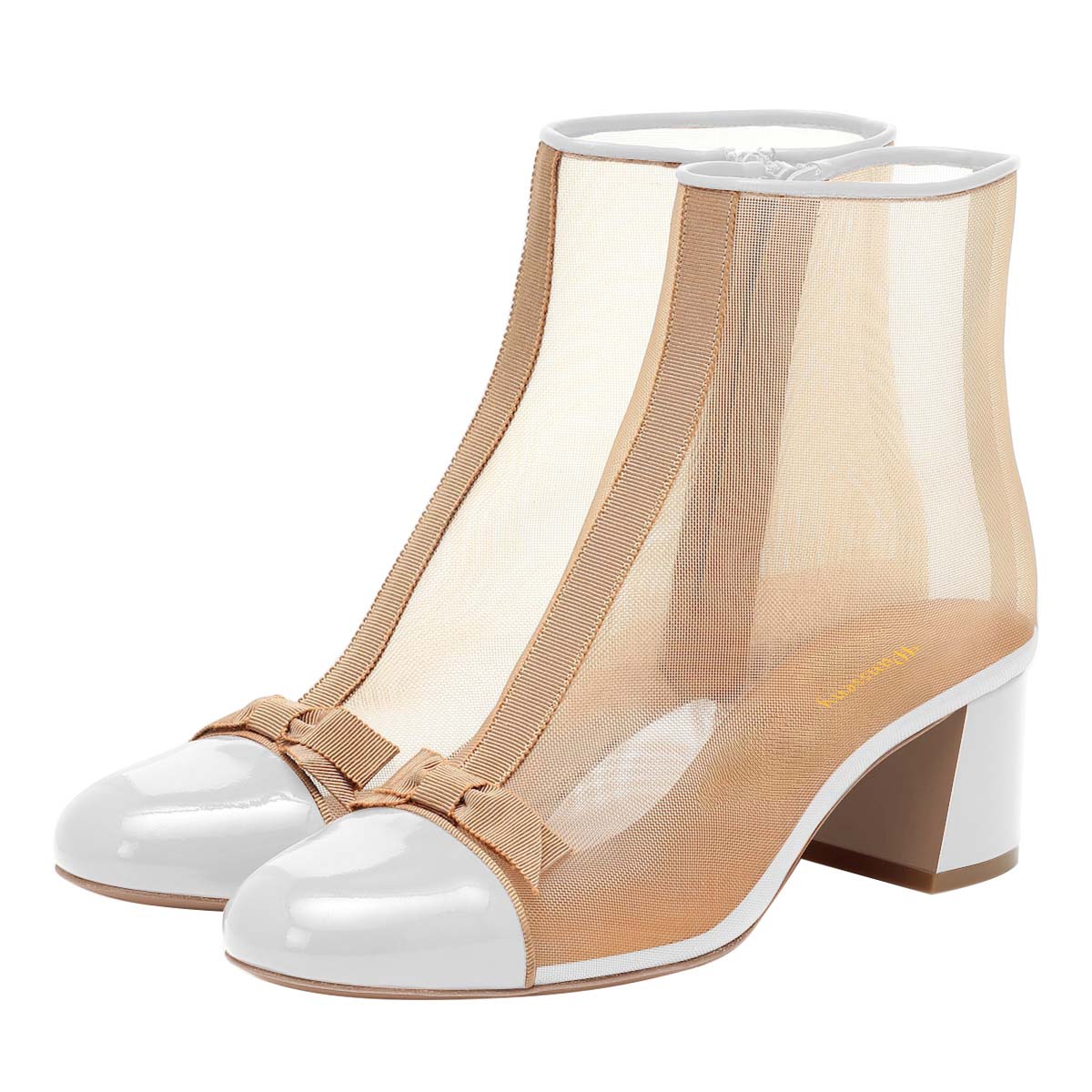 White & Nude Mesh Patchwork Bow Block Heeled Ankle Boots with Zipper Nicepairs