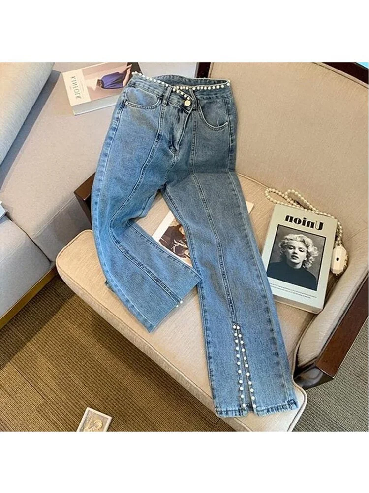 2022 Summer New Women&#39;s Denim Pants Fashion High Waisted Pearls Beaded Split Trousers Sexy Slim Y2k Stretch Trumpet Jeans Female