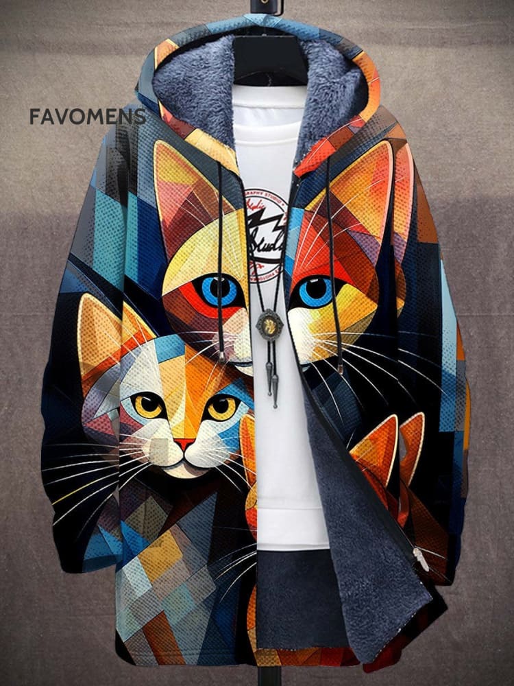 Unisex Abstract Cat Art Print Plush Thick Long-Sleeved Sweater Cardigan Coat Multicolor / S