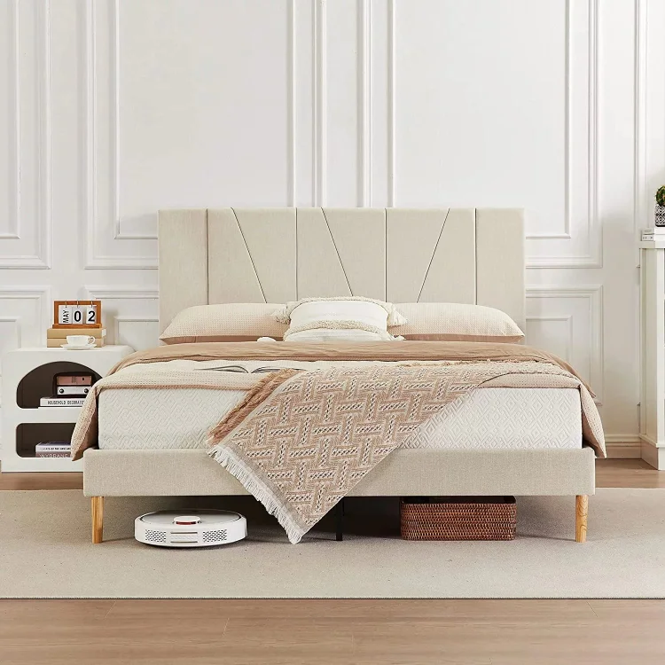 Flolinda Full Size Bed Frame Upholstered Platform with Complete Headboard，Fabric Upholstered Platform Bed Frame, Beige