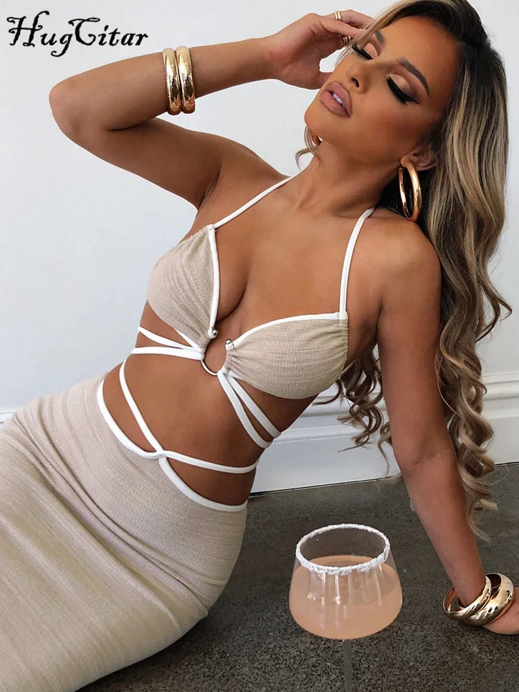 Hugcitar 2 Pcs Backless Sleeveless Solid Halter Bandage Patchwork Hollow Out Top Maxi Dress 2022 Summer Sexy Party Club Outfits