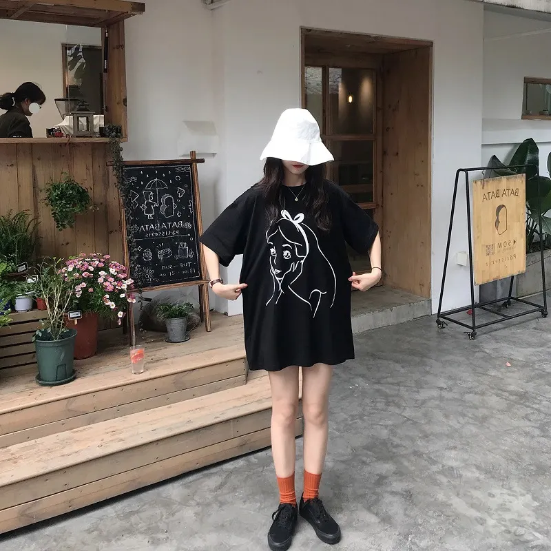 Brownm Brownm Summer New Korean Print Long Short Sleeve T-Shirt Women's Loose Shirt Women