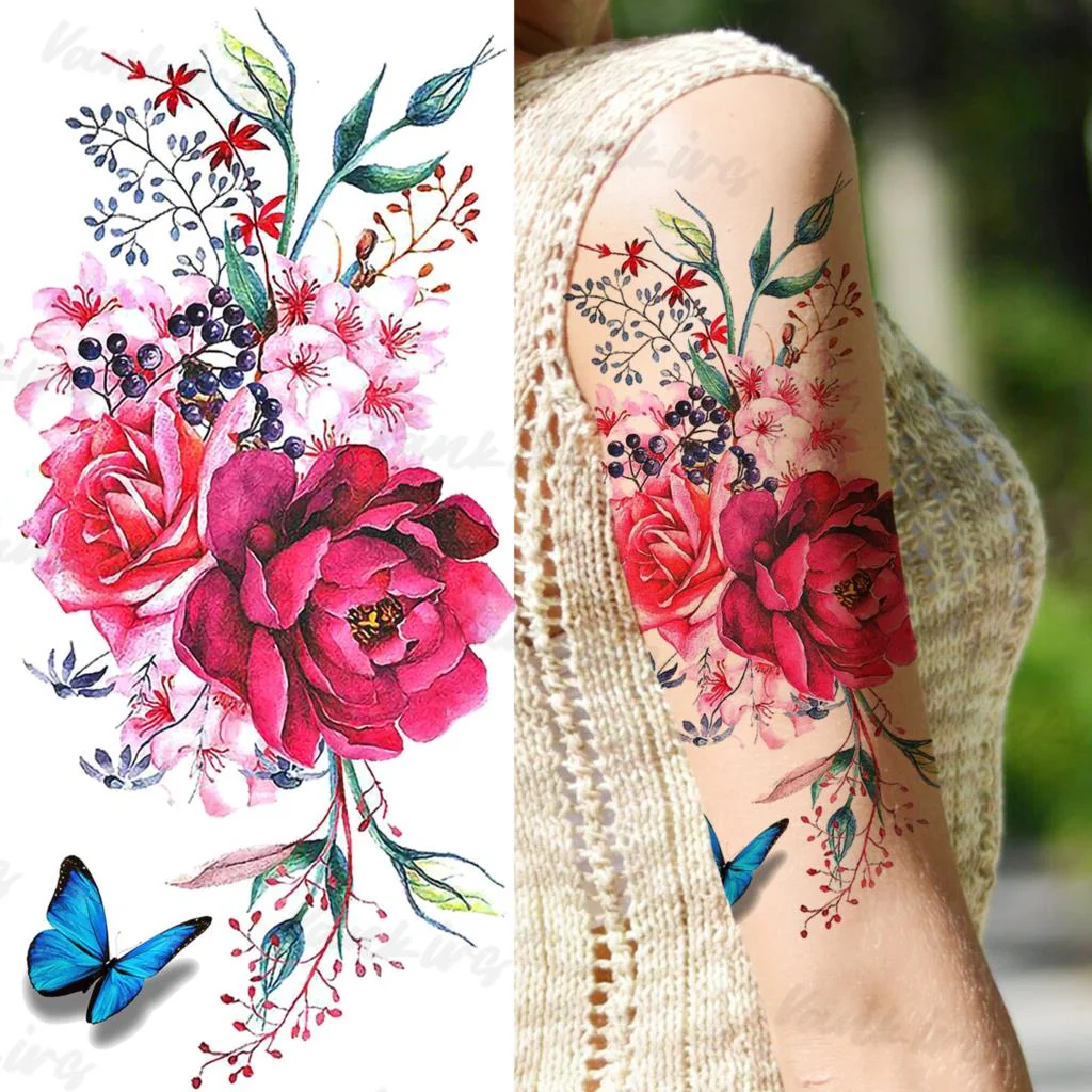 Sdrawing Flower Temporary Tattoos For Women Girls Realistic Lavender Butterfly Flower Fake Tattoo Sticker Forearm Body Tatoos 3D