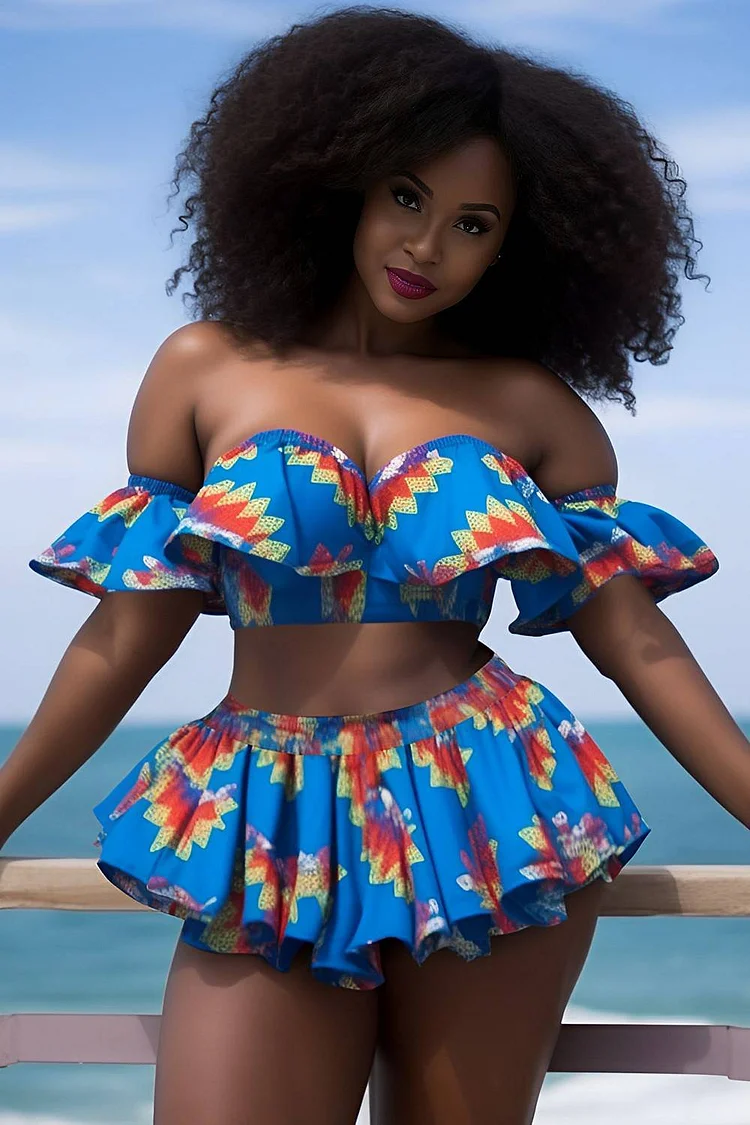 Xpluswear Design Plus Size Beach Blue All Over Print Off The Shoulder Ruffle Swimsuit Fabric Two Pieces Swimsuit [Pre-Order]