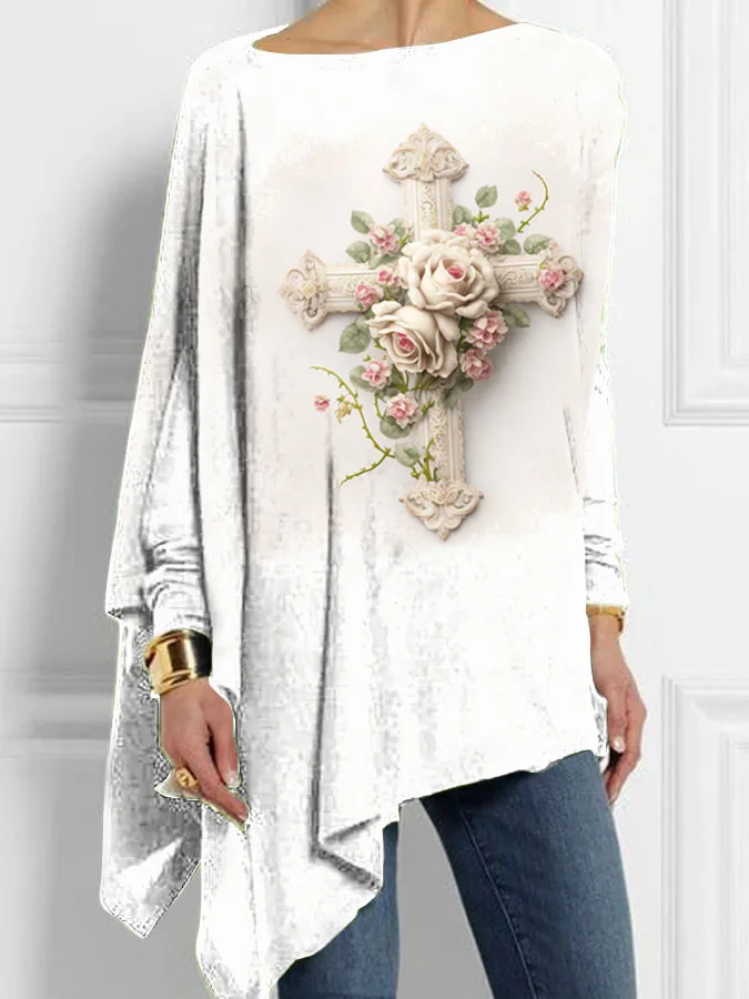 White Ornate Cross with Rose Jesus Floral Easter Irregular Top