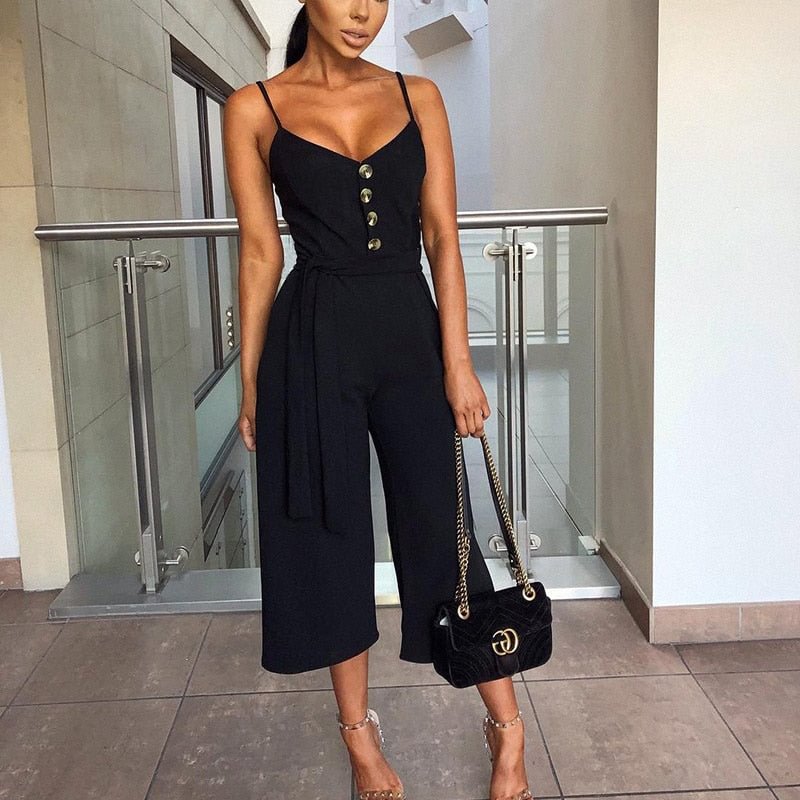 Lossky Summer Jumpsuit Women Sexy Halter Sleeveless Straps Long Jumpsuit Casual Lace Up Button Wide Leg Overall Jumpsuit Elegant