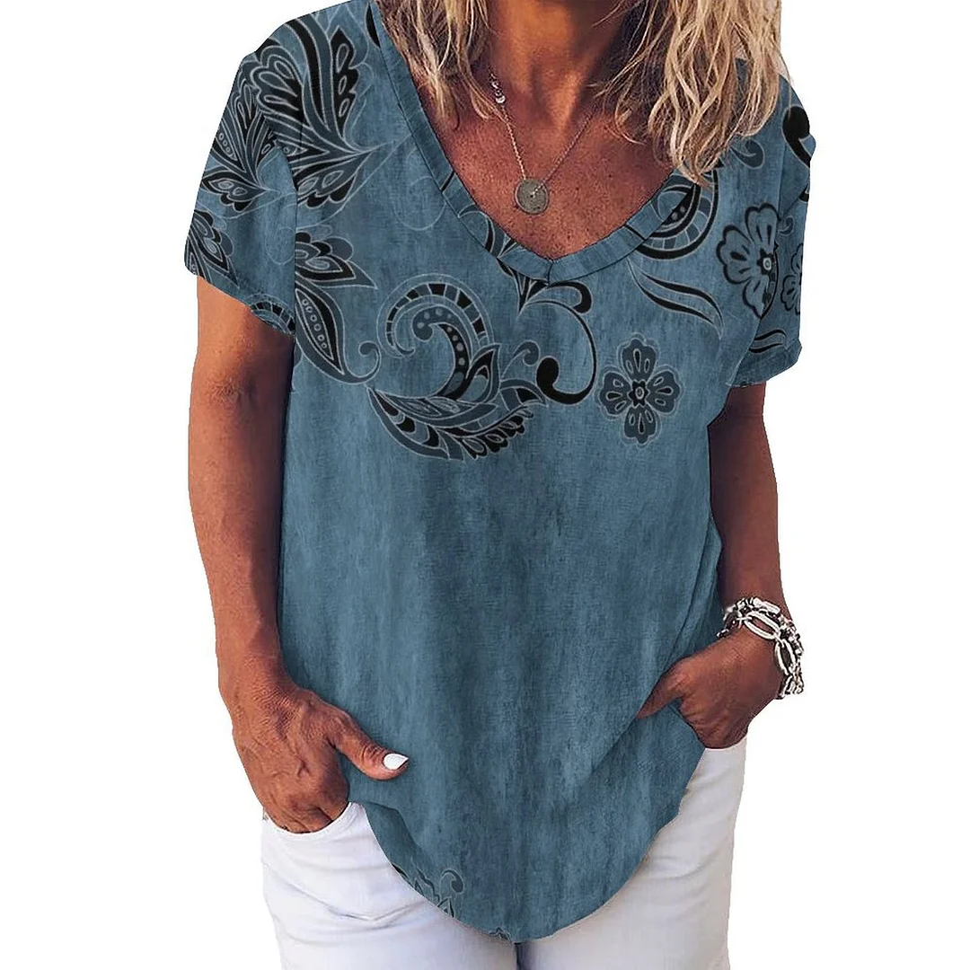 V-neck Short Sleeve Casual T-shirt for  Women Printed with Pattern Floral, Blue