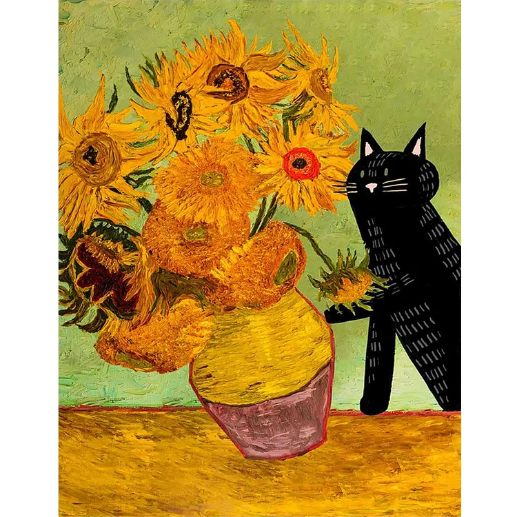 【Huacan Brand】Van Gogh Sunflowers And Black Cat 11CT Stamped Cross Stitch 40*50CM