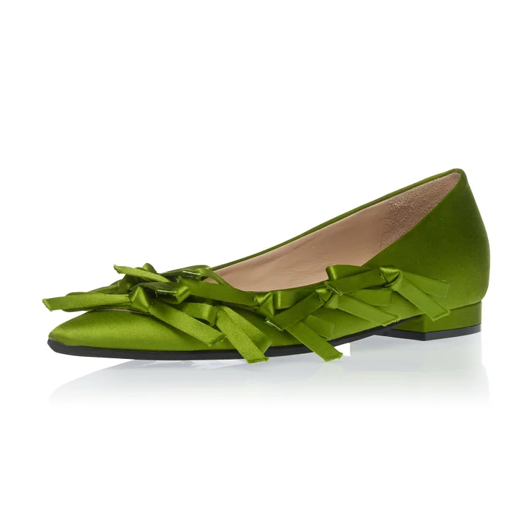 Green Satin Bow Pointy Toe Comfortable Flats |FSJ Shoes