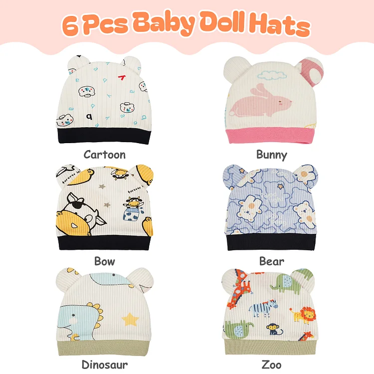 17"-22" Animal Cartoon Hat Accessories 6-Pieces Set for Reborn Baby