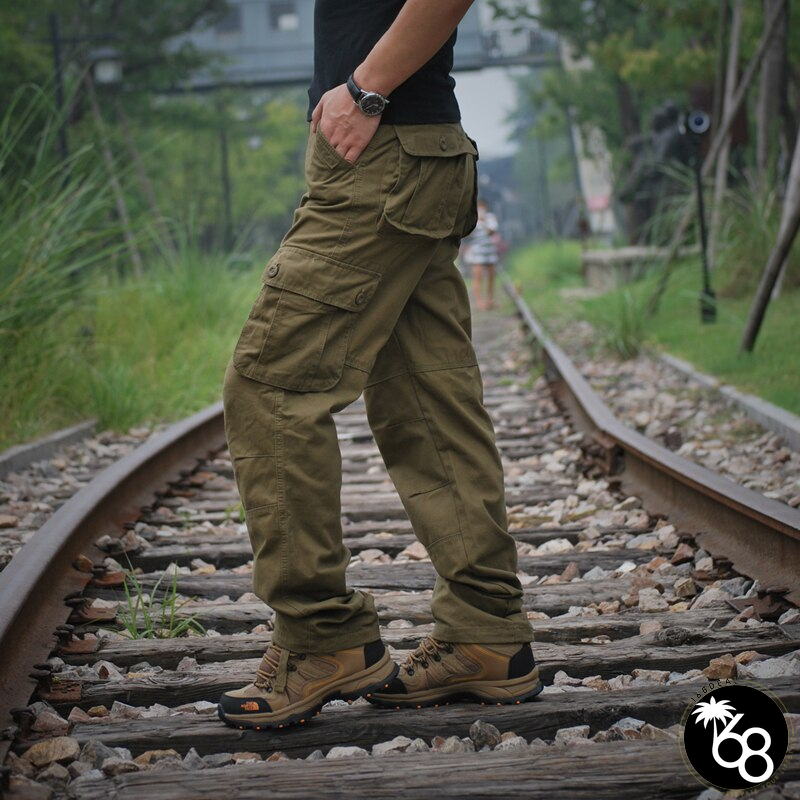 Men's Polyester Mid Waist Zipper Fly Multi Pocket Casual Trousers | 168DEAL