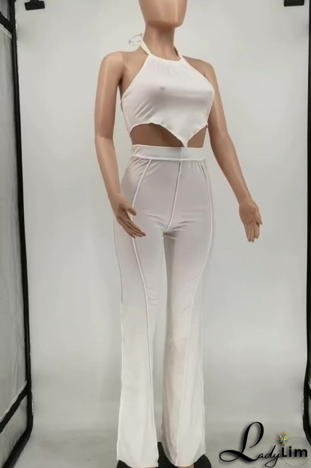 Black Sexy Solid Split Joint Backless Asymmetrical Halter Plus Size Two Pieces