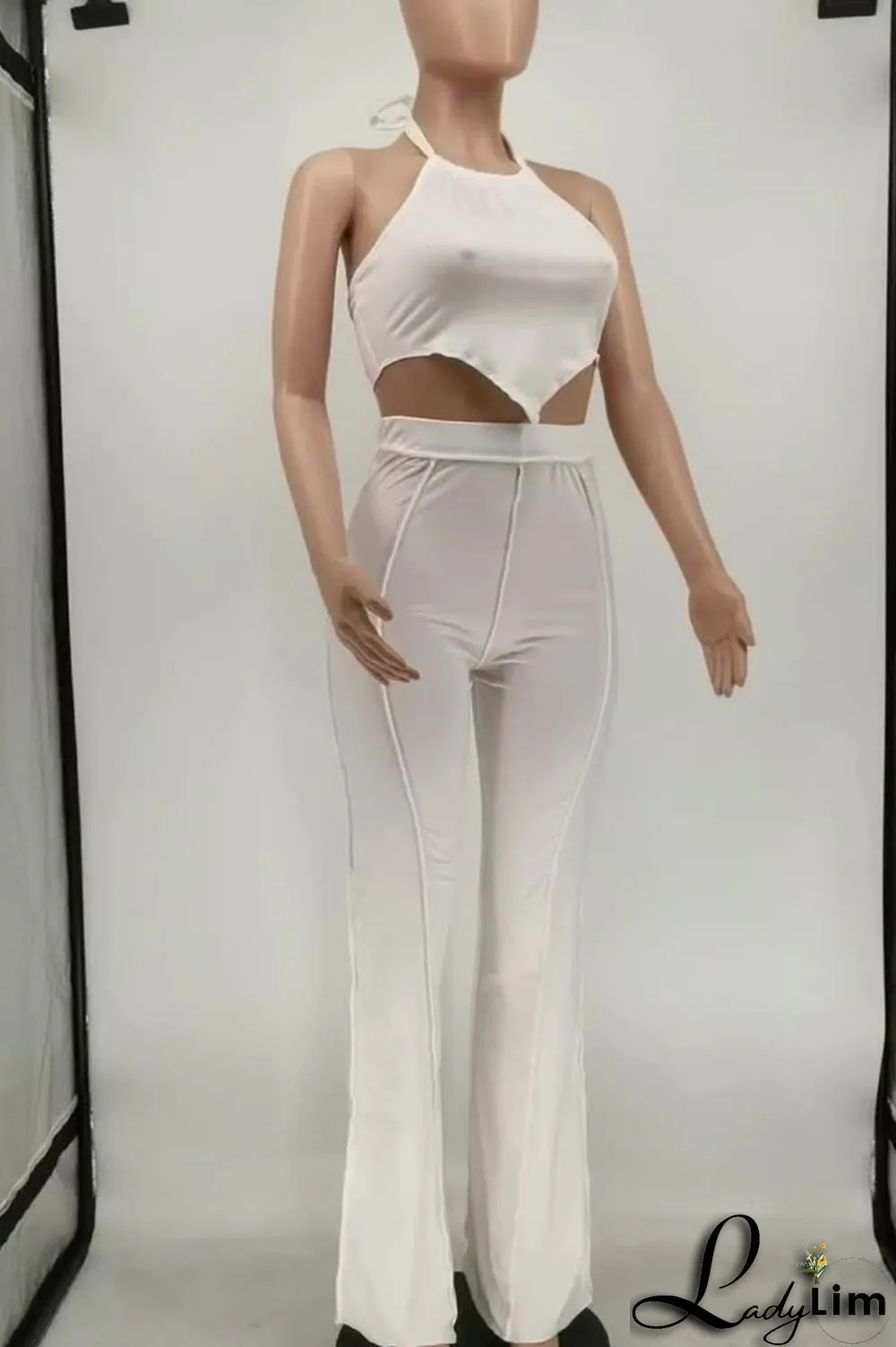 Black Sexy Solid Split Joint Backless Asymmetrical Halter Plus Size Two Pieces