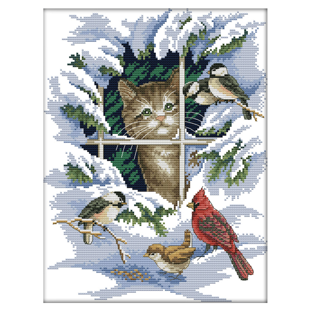 

Birds and Cat - 14CT Stamped Cross Stitch - 30*37CM, 501 Original