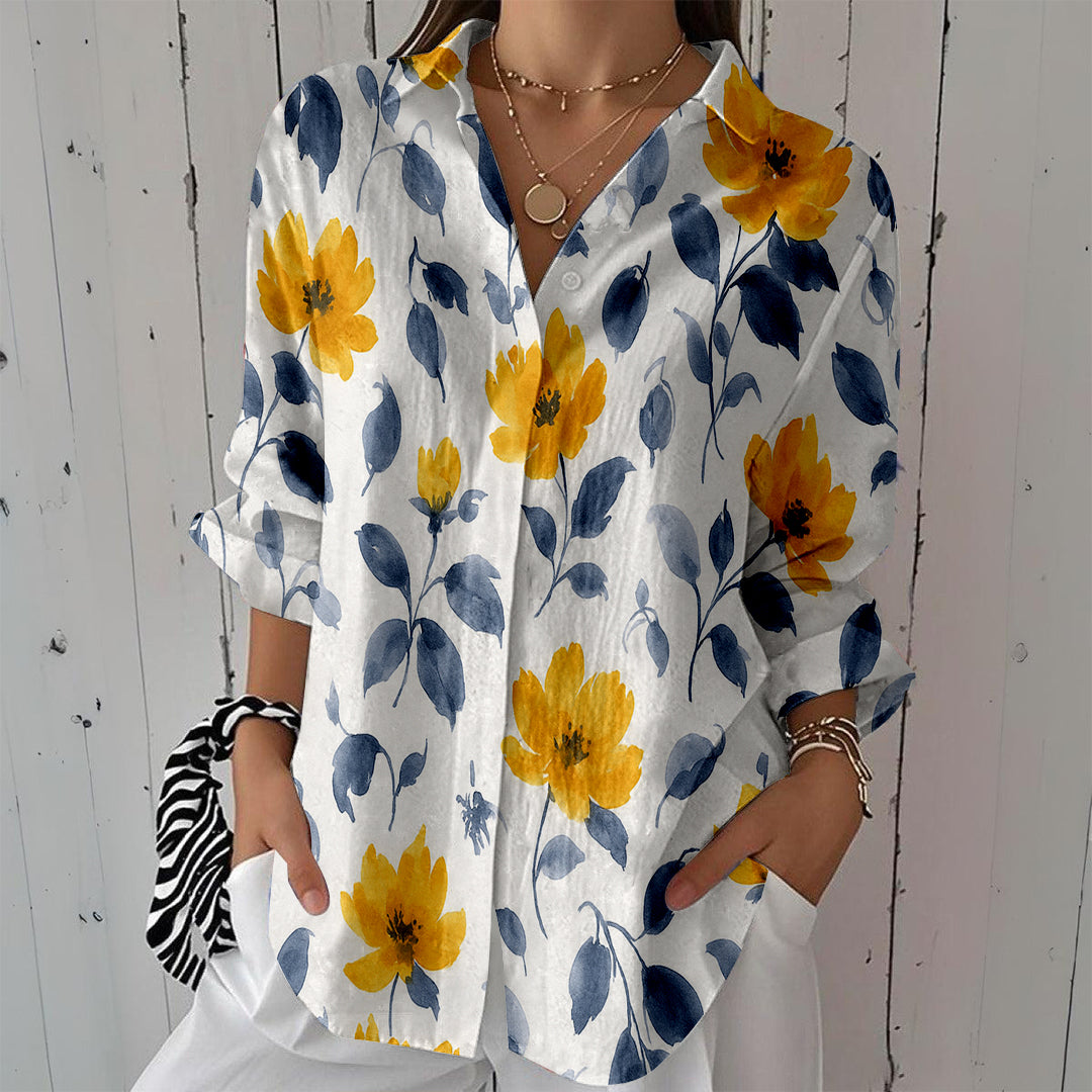 Women Long Sleeve V-neck Graphic Floral Printed Top