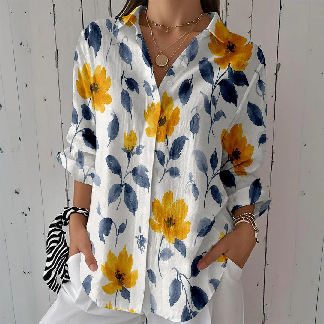 Style & Comfort for Mature Women Women Floral, Yellow, Blue DZCL0337 3/4 Sleeve Shirt Collar Printed Button Tops